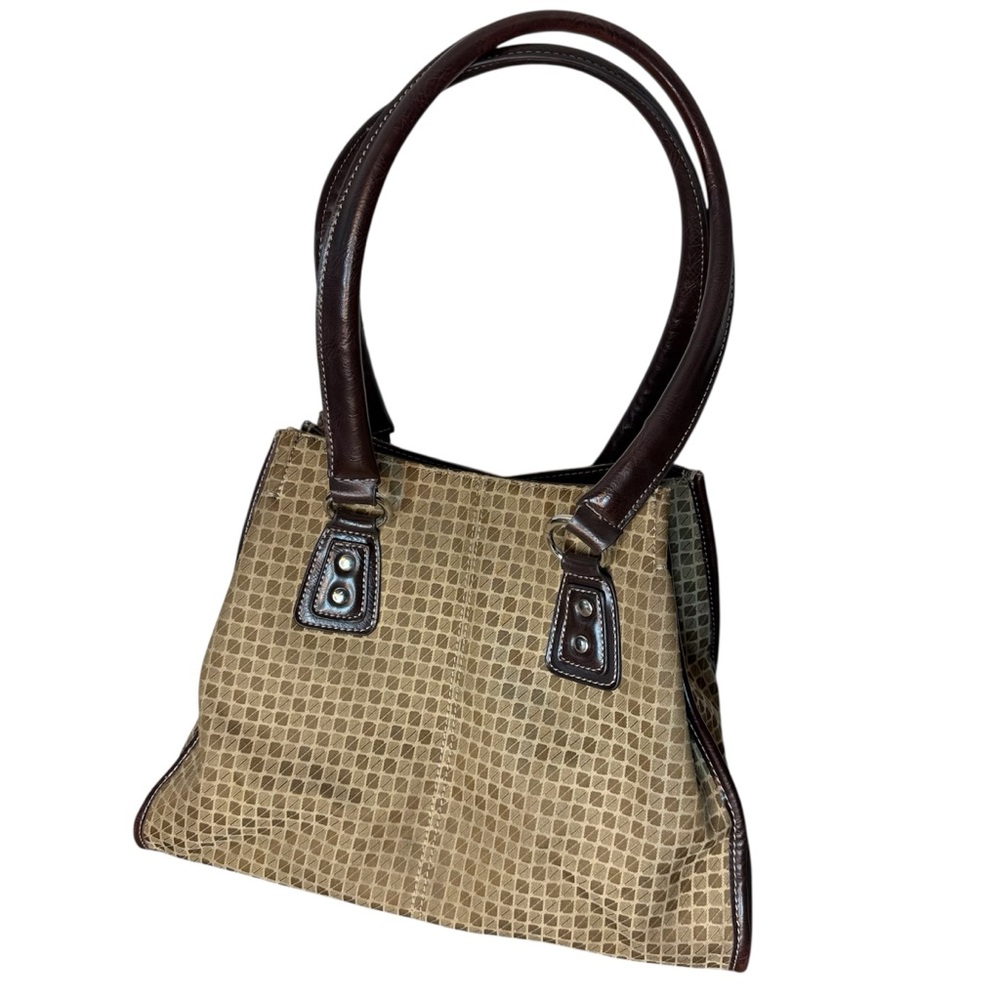 NINE & COMPANY Brown Tan Checker Shoulder Bag Tote Snap Closure *Flaw